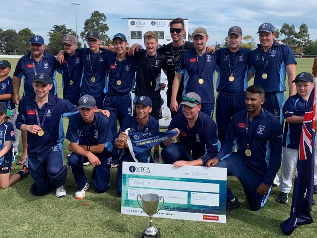 Aberfeldie celebrates its VTCA T20 premiership win. Picture: Aberfeldie SC Facebook