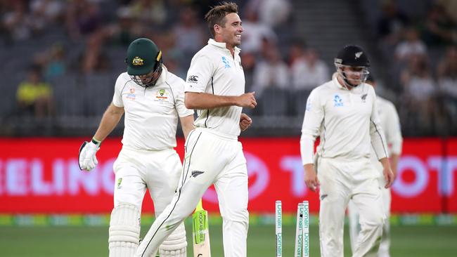 Tim Southee bowls Tim Paine for a duck. Picture: Getty Images