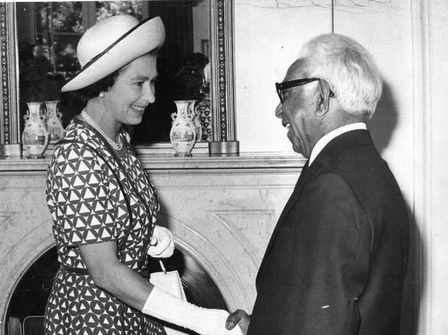 Queen Elizabeth II in South Australia during her Jubilee royal visit of 1977 with SA Governor Sir Douglas Nicholls greeting the Queen at Government House.