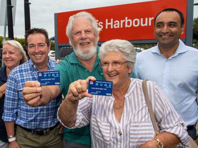 Happy days: Browyn Mackenzie, Roads Minister Paul Toole, Rod Mackenzie, Denise Gillard, and Member for Coffs Harbour Gurmesh Singh, with the new travel card.