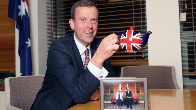 Trade Minister Dan Tehan with a teapot he was given by the UK Trade Minister Elizabeth Truss. Picture: Gary Ramage