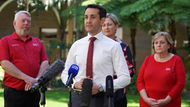 Bruce and Denise Morcombe with LNP leader David Crisafulli at Parliament House on Sunday.