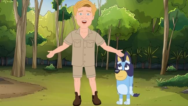 Robert Irwin and animated character Bluey in One Nation’s satirical animation posted to YouTube.