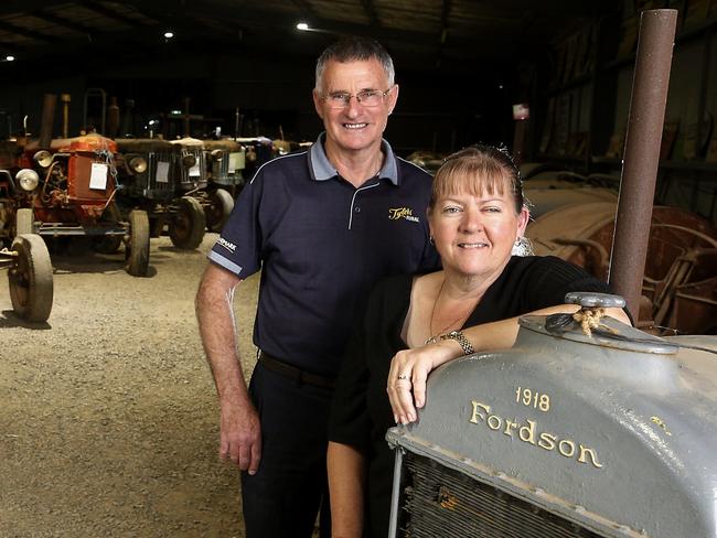 Adrian Tyler and Lynette Teasdale  with thge oldest tractor in the museum Fordson 1918, at Woods Farming and Heritage Museum, Rupanyup,     Picture Yuri Kouzmin