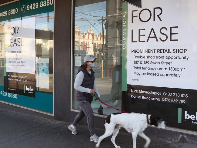 MELBOURNE, AUSTRALIA- NewsWire Photos OCTOBER 20, 2020: A for lease sign in Swan Street in Richmond which is looking quiet during COVID lockdown on the lead up to the Richmond Tigers playing Geelong in the 2020 AFL Grand Final. Picture: NCA NewsWire/ David Crosling