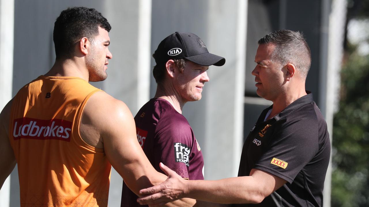 David Fifita and Anthony Seibold at Broncos training at Red Hill. Pic Annette Dew