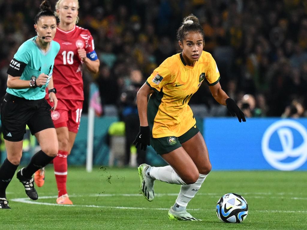 I hope Kevin De Bruyne is taking notes, the Premier League star might learn a thing or two from the Matilda’s midfield maestro Mary Fowler. Her clinical pass created the first goal and set Australia on their way to an important win versus Denmark. Picture: Amy Halpin /DeFodi Images/Getty Images
