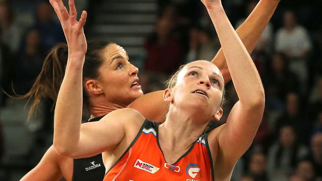 Jo Harten and Sharni Layton compete for the ball during the Giants win in round 13.