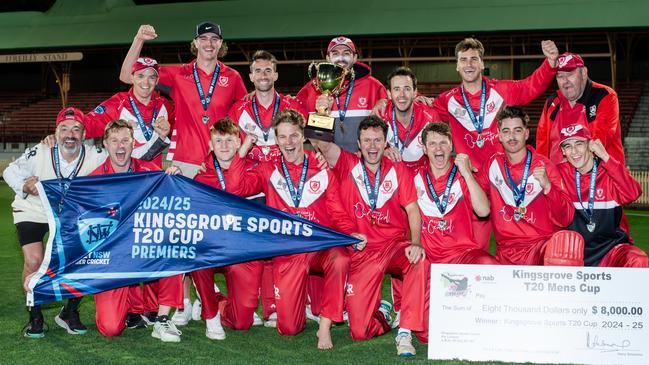 St George celebrate with the Kingsgrove Sports T20 Cup after their grand final win over Fairfield-Liverpool at North Sydney Oval, Sunday, October 20, 2024. Picture: Ian Bird Photography