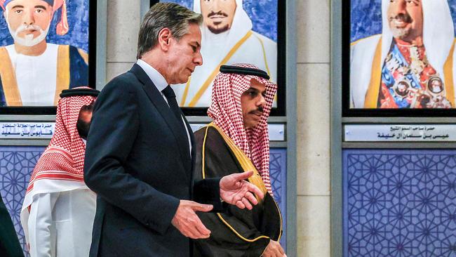 Secretary of State Antony J. Blinken with the Saudi foreign minister, Prince Faisal bin Farhan, right, in Riyadh on Monday. Picture: Evelyn Hockstein/Pool/AFP