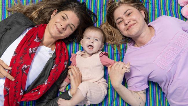 Surrogate mother, Anna with her cousin Bianca and her baby Vienna and in Light Square, Adelaide CBD. Picture: Ben Clark