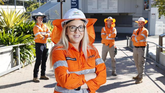 Annica Carberry pictured with rail traction Apprentices Lachlan Wilson, Brian Gethins and Ryan Sheppard.