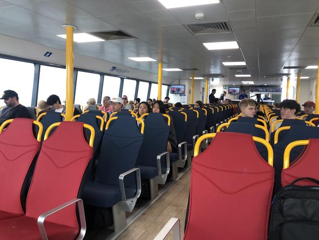 The Manly Fast Ferry refurbished vessels will have priority seating, in red, for those with access issues. Picture: Jim O’Rourke