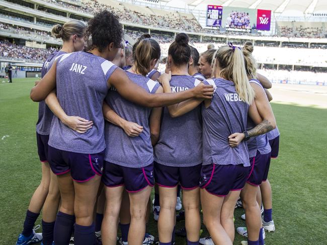 The Fremantle huddle. Picture: AAP Images