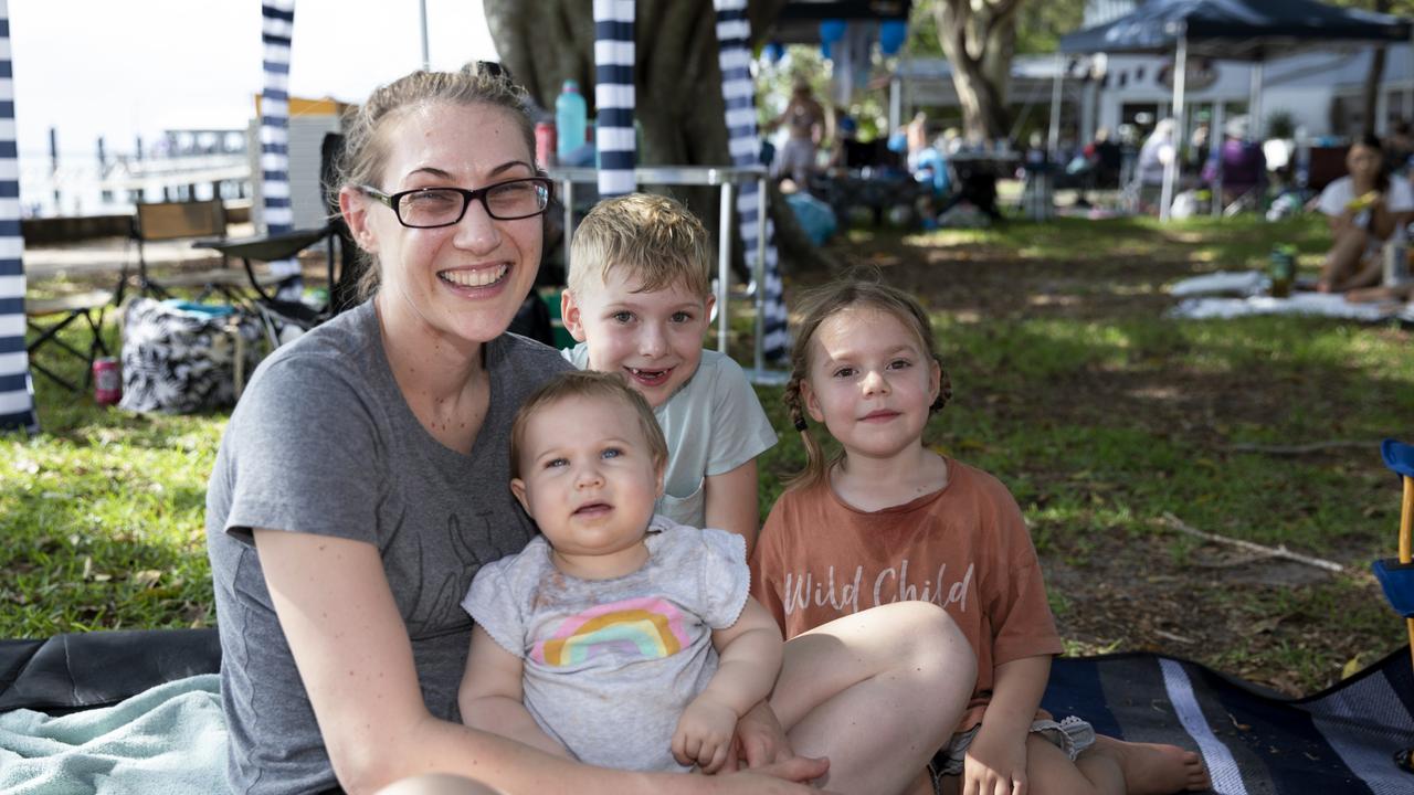 Australia Day at Bribie Island. Rebecca Slack with Olivia, Miles Piper McAlpine, of Kallangur. Picture Dominika Lis