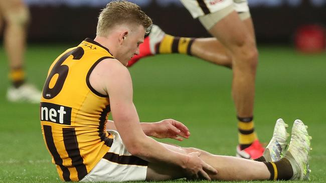 James Sicily after going down with an ACL injury. Picture: Getty Images