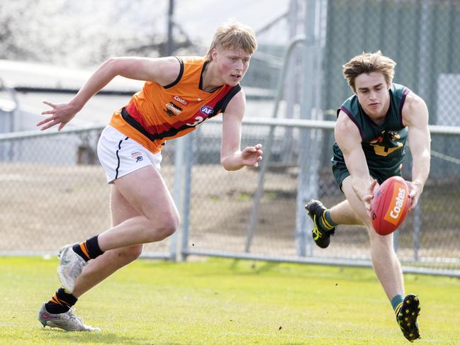 Tasmania Devils James Leake and Calder Cannons Thomas Barnett at KGV Oval. Picture: Chris Kidd