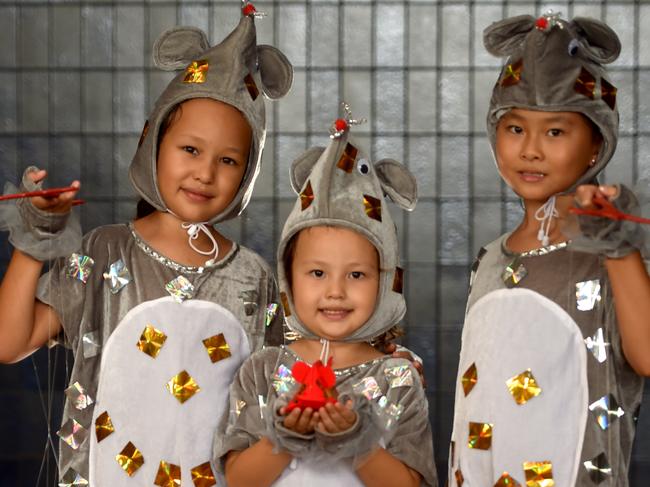 Anita, 9, and Amelia Apps, 5, with Jessica Wang, 8, are ready for the Chinese Tear of the Rat. Picture: Evan Morgan