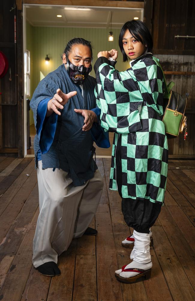 Ricky Bumatay as the Ghost of Tsushima with daughter Sophia Bumatay as Tanjiro Kamado at Comic-Geddon at The Goods Shed, Sunday, June 25, 2023. Picture: Kevin Farmer