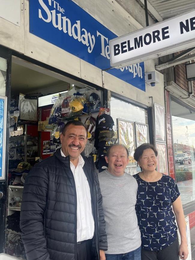 Canterbury-Bankstown councillor Karl Saleh with the owners of Belmore News Agency, May and Van. Picture: Facebook