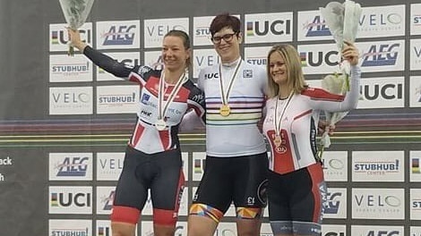 Rachel McKinnon wins gold in the women's masters 35-44 ahead of Carolien van Herrikhuyzen and Jennifer Wagner