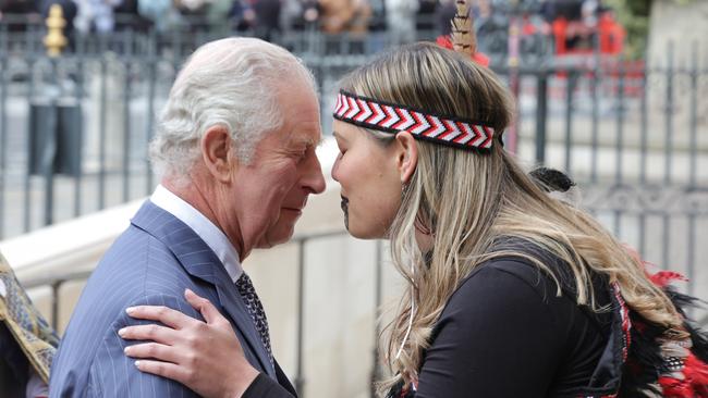 King Charles is greeted with a hongi as he enters Westminster Abbey on Monday. Picture: Getty Images