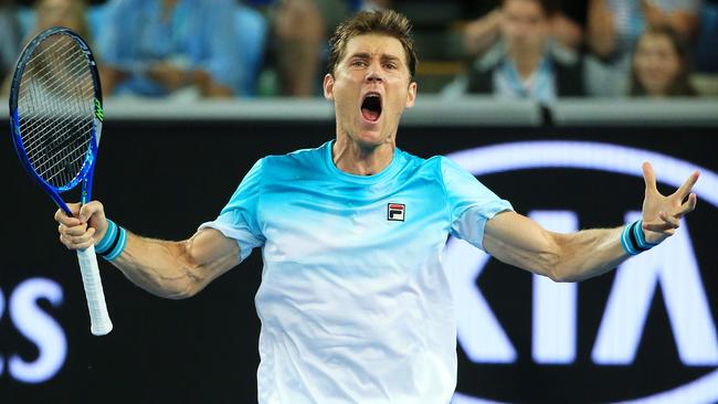 Matt Ebden celebrates his big win over John Isner. Picture: Mark Stewart