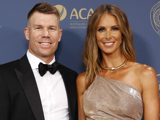 DAILY TELEGRAPH JANUARY 30, 2023. David Warner and wife Candice Warner on the blue carpet at the 2023 Australian Cricket Awards held at Royal Randwick Racecourse. Picture: Jonathan Ng