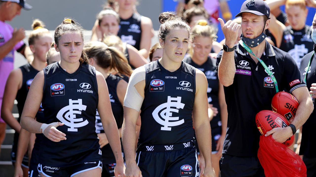 Carlton captain Kerryn Peterson (centre) says the Blues are at ‘fever pitch’ ahead of the coming AFLW season following the announcement of Mathew Buck’s appointment as coach. Picture: Dylan Burns / Getty Images