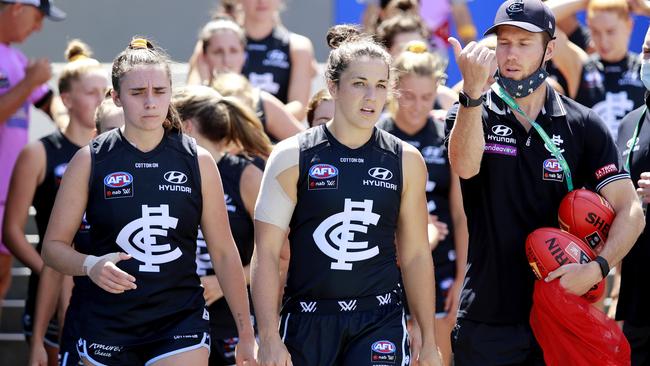 Carlton captain Kerryn Peterson (centre) says the Blues are at ‘fever pitch’ ahead of the coming AFLW season following the announcement of Mathew Buck’s appointment as coach. Picture: Dylan Burns / Getty Images