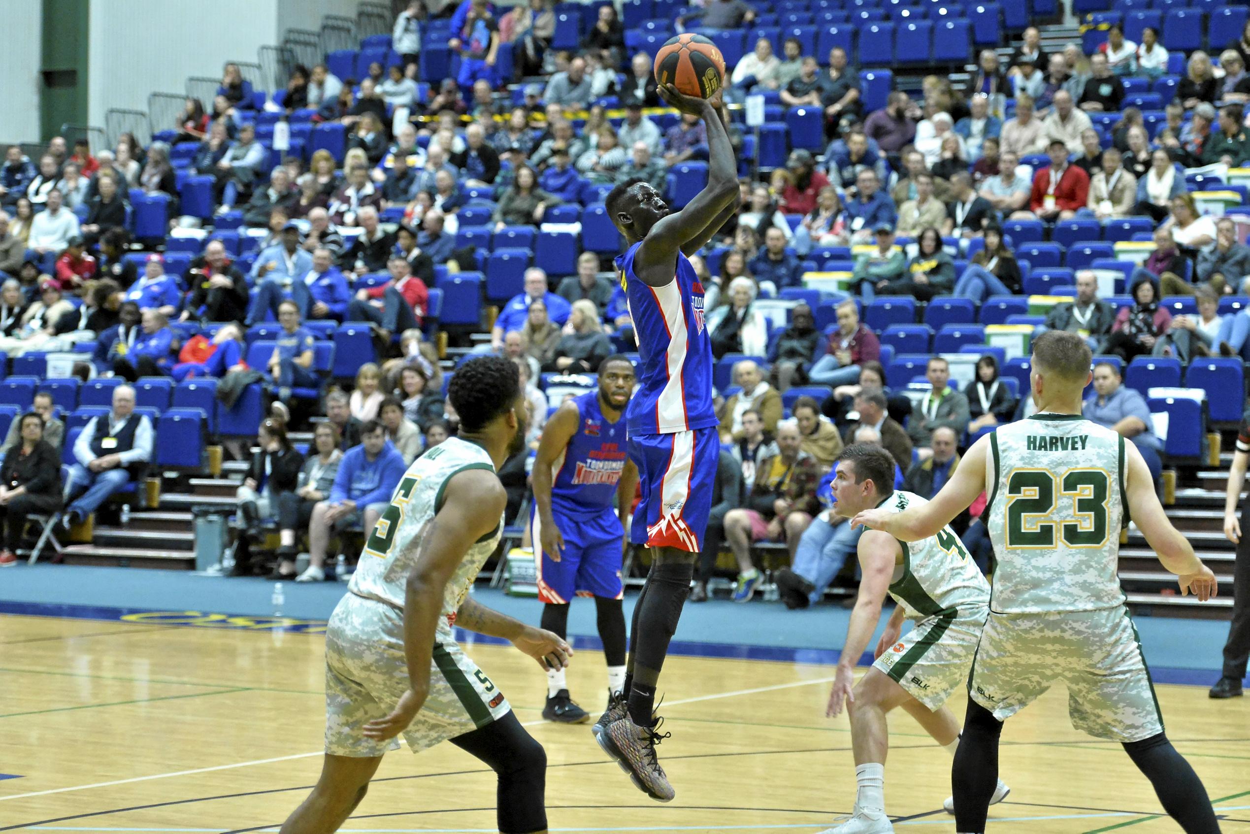 Manylok Malek of Toowoomba Mountaineers against Ipswich Force in QBL men round seven basketball at USQ's Clive Berghofer Recreation Centre, Saturday, June 9, 2018. Picture: Kevin Farmer