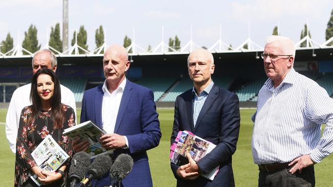 Sports Minister Jane Howlett, Jim Wilkinson, Premier Peter Gutwein, Brett Godfrey, Errol Stewart at Tasmania’s AFL taskforce announcement last year. Picture: PATRICK GEE