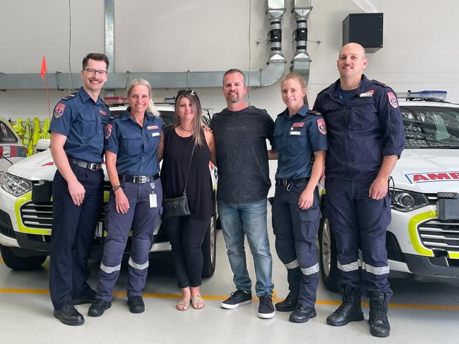 Paramedics Luke Baird and Catherine Cristofaro with Danny Wakelin, Kylie Wakelin and paramedics Sadie Powers and Tristan Adams.