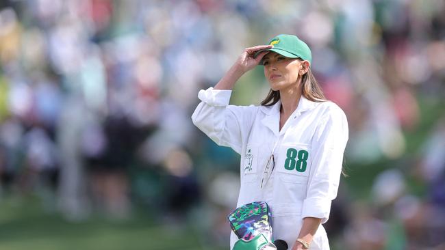 Paulina Gretzky, the daughter of hockey legend Wayne Gretzky and wife of American golfer Dustin Johnson, gazes across the second hole during the Par-3 Contest. Picture: AFP