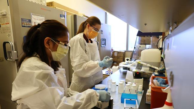 Medical lab scientists, Glenda Daza and Emily Degli-Angeli work on samples collected in the Novavax phase 3 Covid-19 clinical vaccine trial. Picture: AFP.