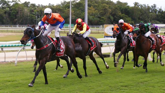 Doctor Zous, ridden by jockey Nathan Day, wins Race 8, the Cairns Newmarket Handicap, at the Cairns Jockey Club, Cannon Park. PICTURE: Brendan Radke