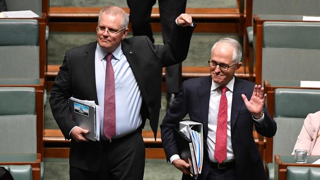 Scott Morrison and then PM Malcolm Turnbull during Question Time in the House of Representatives at Parliament House in Canberra, om AUgust 21, 2018. Picture: Mick Tsikas