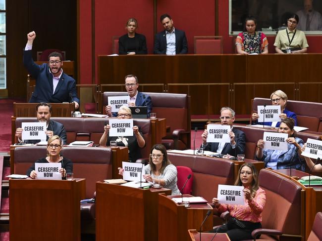 CANBERRA, AUSTRALIA, NewsWire Photos. NOVEMBER 9, 2023: The Australian Greens call for a Ceasefire in Gaza after Question Time in the Senate at Parliament House in Canberra. Picture: NCA NewsWire / Martin Ollman