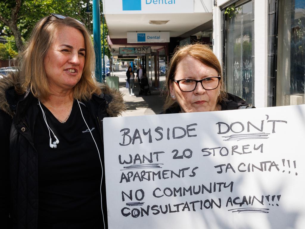 Local protester Vicki (right) after, Premier Jacinta Allan and Minister for Planning Sonya Kilkenny to make an announcement. Picture: NewsWire / Nadir Kinani