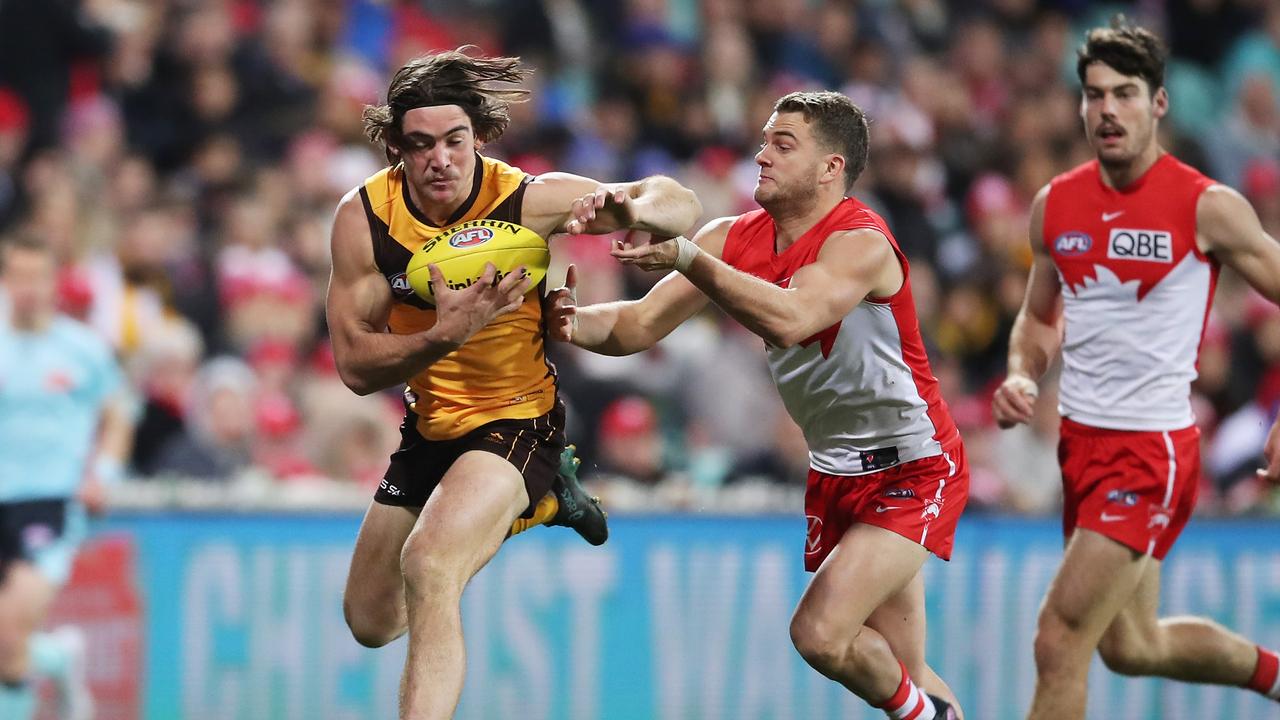 Hawthorn’s Jai Newcombe racked up 14 tackles in a memorable debut. Picture: AFL Photos/via Getty Images