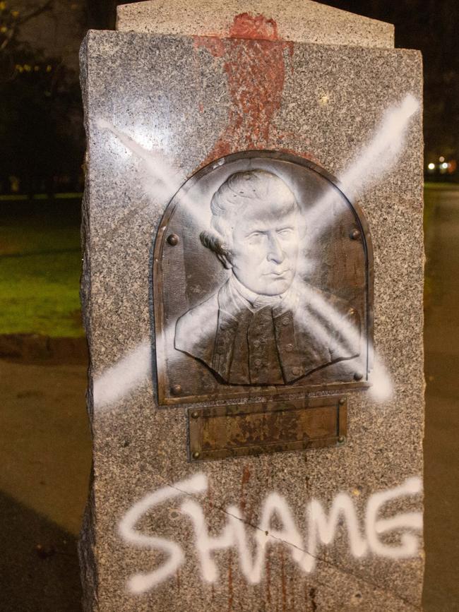 A defaced monument to Captain James Cook in Edinburgh Gardens. Picture: Tony Gough