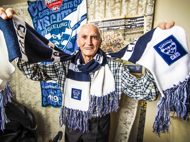 Geelong Cats oldest fan - who is 97 and attending the grand final with his son and grandson.97-year-old life long Cats fan Joeseph Robinson who is off to the AFL Grand Final at the Gabba.Picture: NIGEL HALLETT