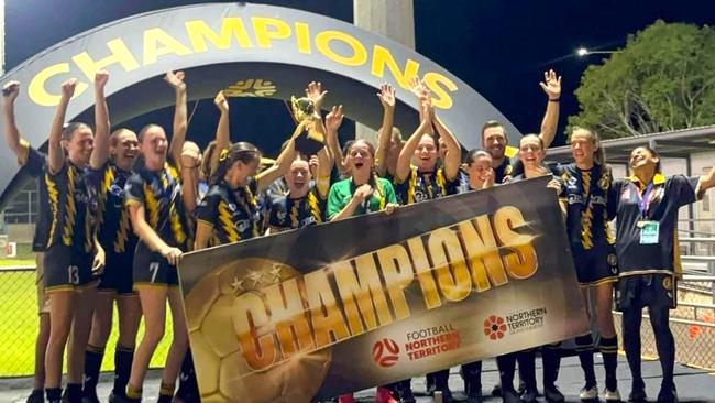 Mindil Aces FC WPL lifting the championship trophy after defeating reigning champs Hellenic AC 4-1 in the grand final. Picture: Contributed.