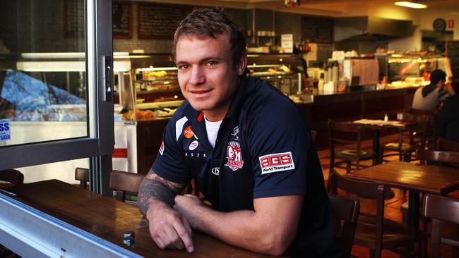 Sydney Roosters player Jake Friend has a coffee back at 'Cafe Foveaux', Surry Hills in Sydney, where he worked while he was suspended from the Roosters.