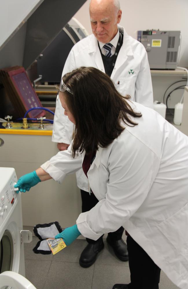 An RBA scientist checks how a $50 handles an accidental cold wash and spin cycle.