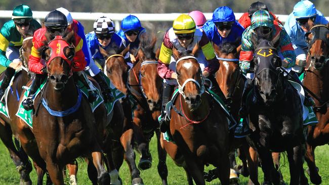 Loving home ridden by Tye Angland  (yellow cap, maroon with yellow armbands) wins race 1 during Scone  Races located in the Upper Hunter Region of NSW. The Bend . Pic Jenny Evans