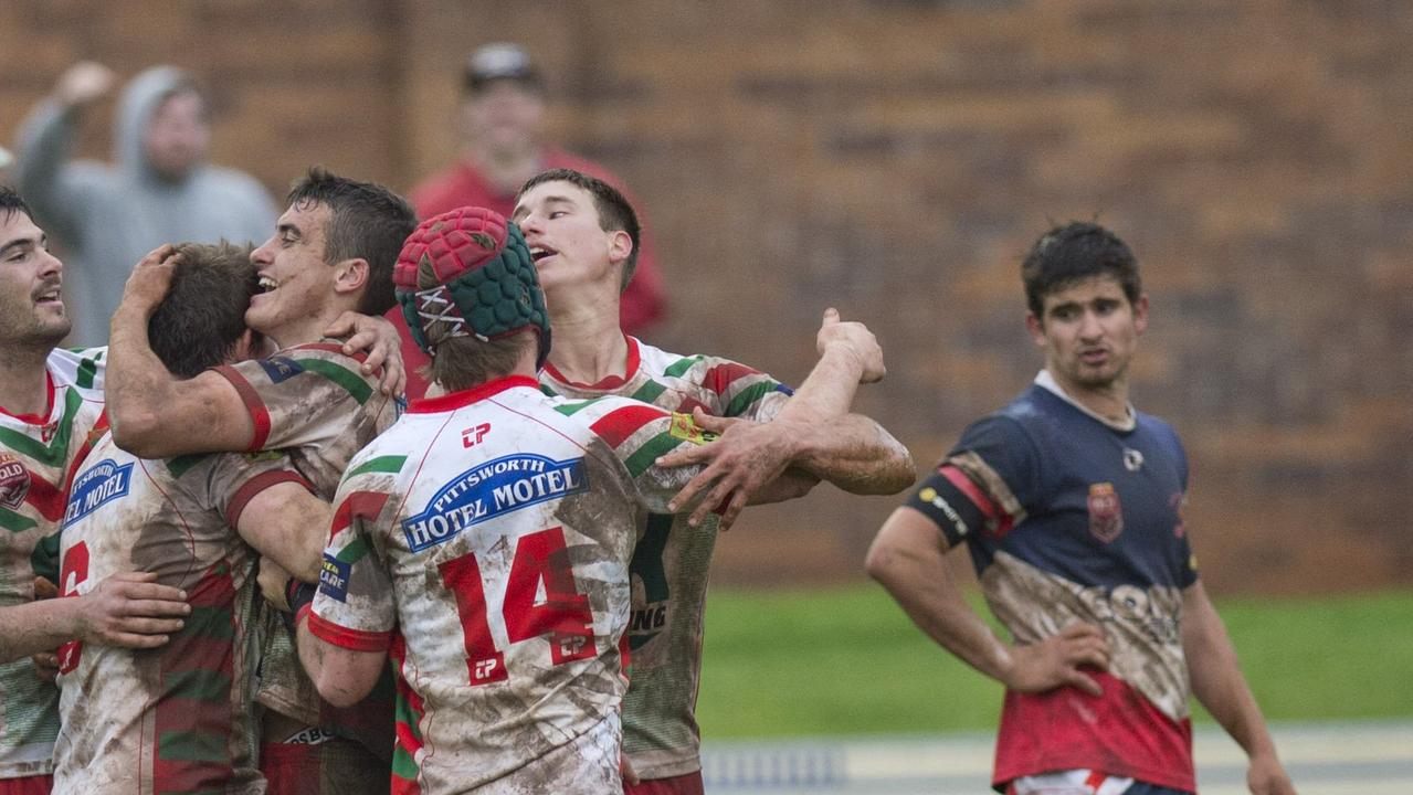 Liam Jocumsen celebrates his try for Pittsworth. TRL Grand Final Pittsworth Danes vs Warwick Cowboys. Saturday Sep 17, 2016.