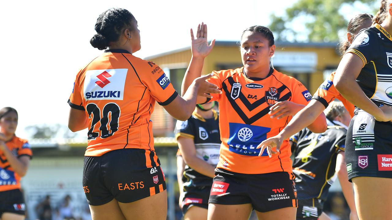 Malaela Sua on the right. Harvey Norman under 19s girls rugby league match between Brisbane Tigers and Tweed Seagulls. Saturday February 25, 2022. Picture, John Gass