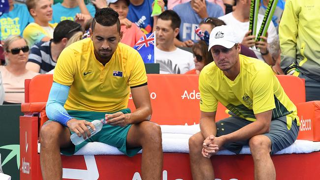 Nick Kyrgios (left) and team captain Lleyton Hewitt will reunite for Australia’s Davis Cup match against Spain. Picture: AAP Image/Dave Hunt