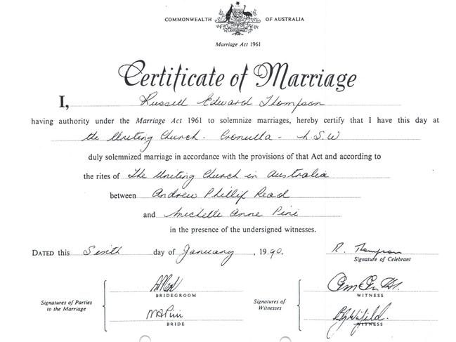 Bronwyn Winfield's signature (bottom right) on a wedding certificate.